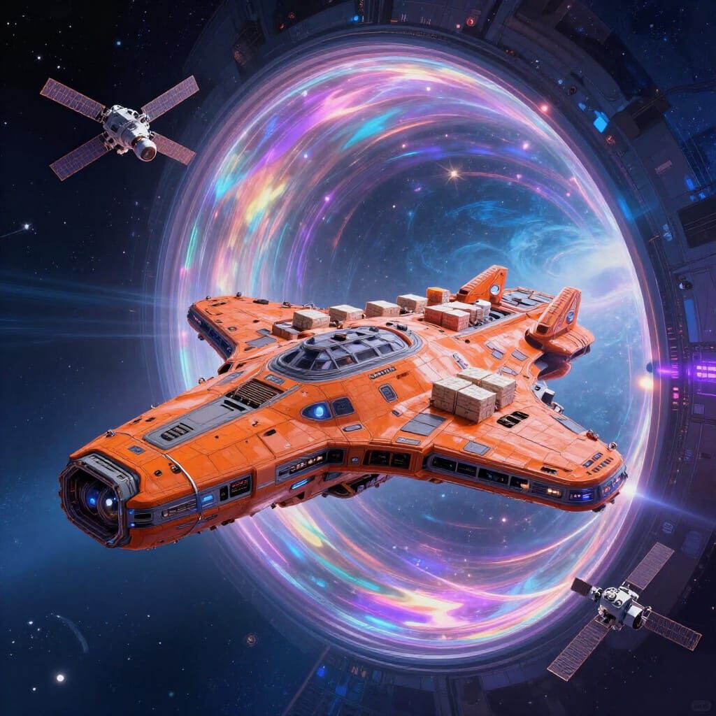 Colossal Orange Spaceship Through Interdimensional Portal