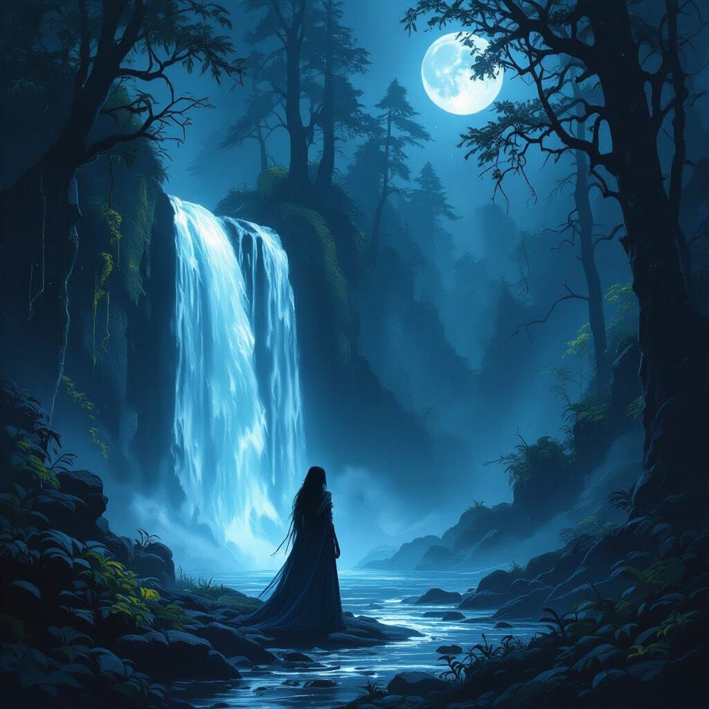 Mystical Woman at Luminous Waterfall in Moonlit Forest