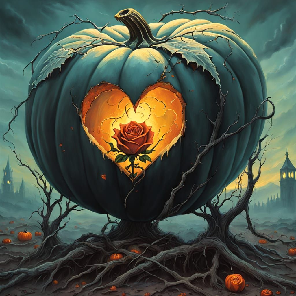 Surreal Pumpkin Heart With Ghostly Rose, Beksinski Style