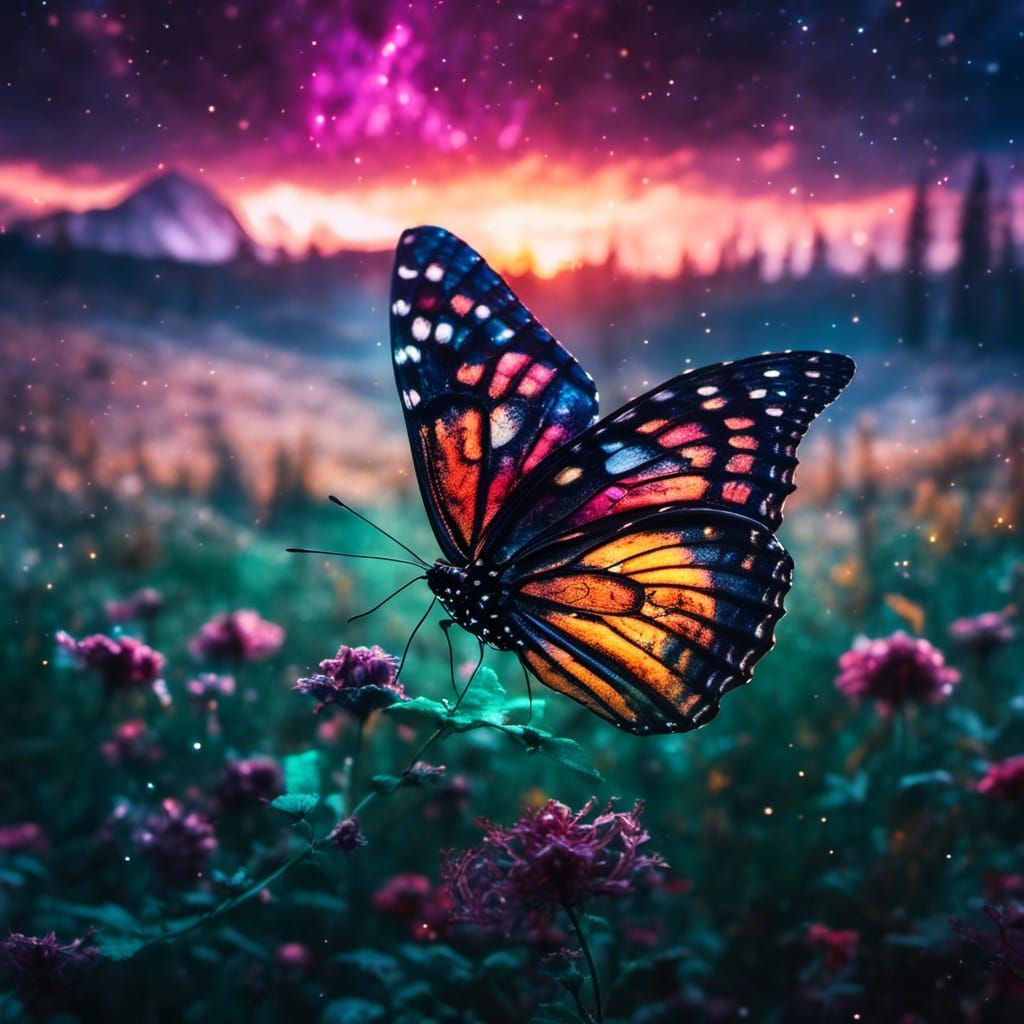 Sparkling Butterfly at Sunset in Mystical Landscape