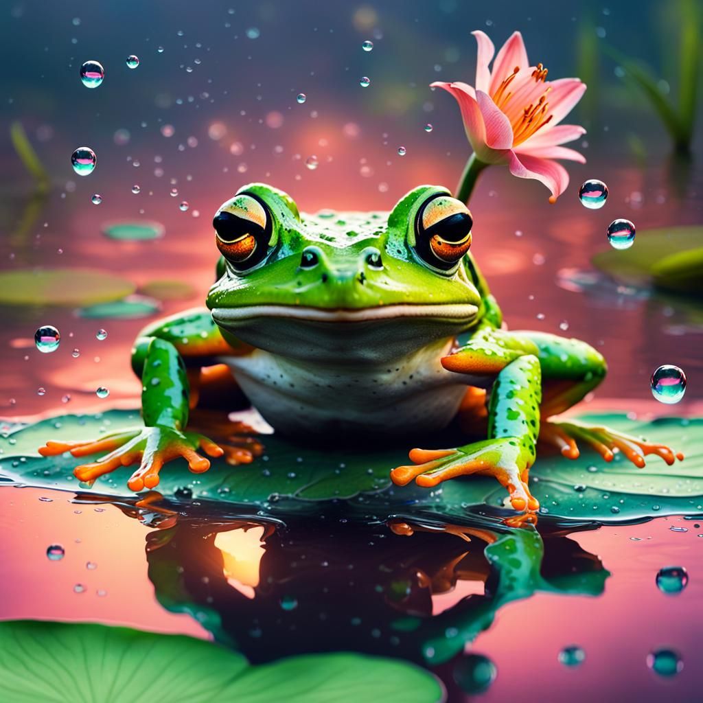 Vibrant Frog Leaps in Fantasy Sunset Pond