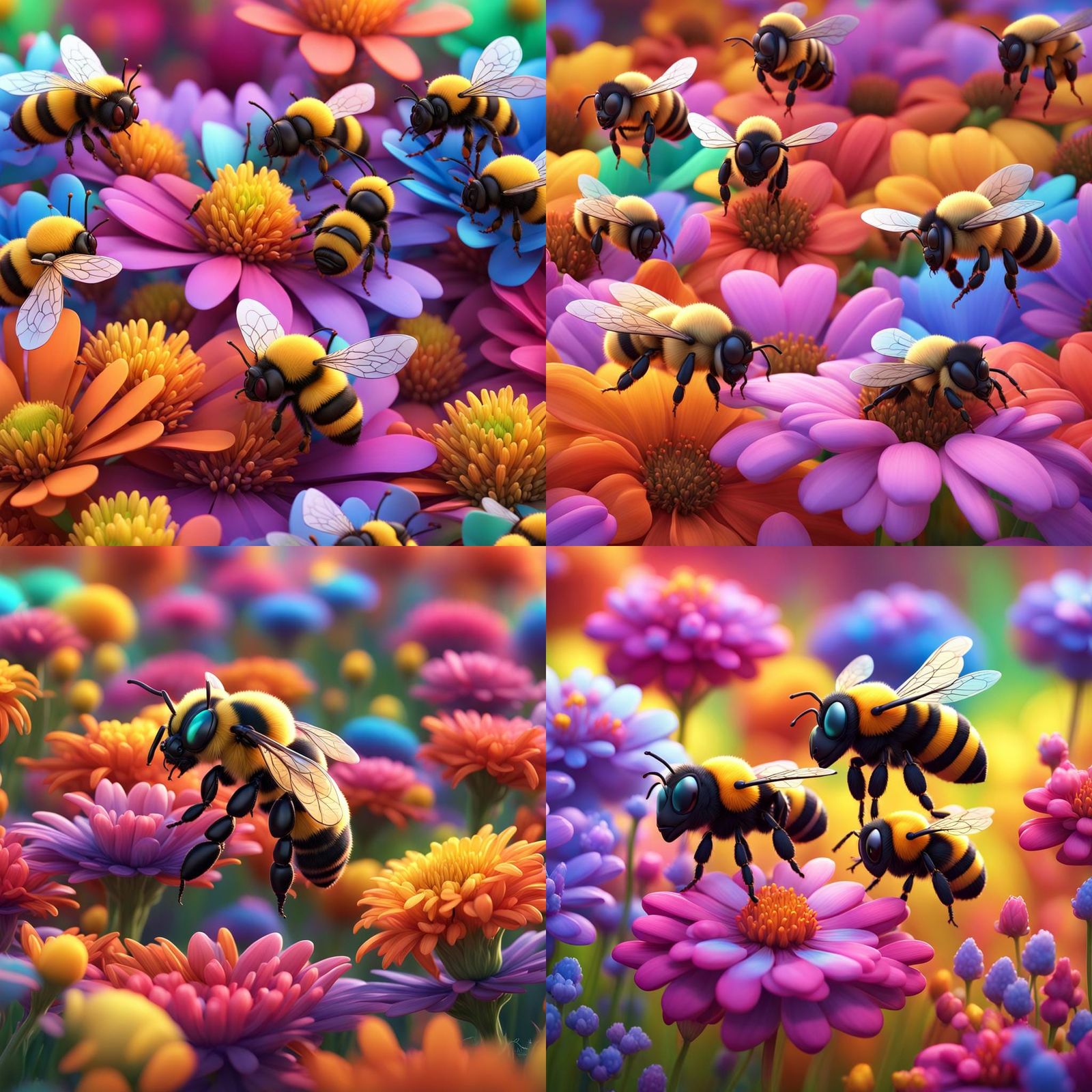 Rainbow Bees in Flower Field: 3D Digital Art