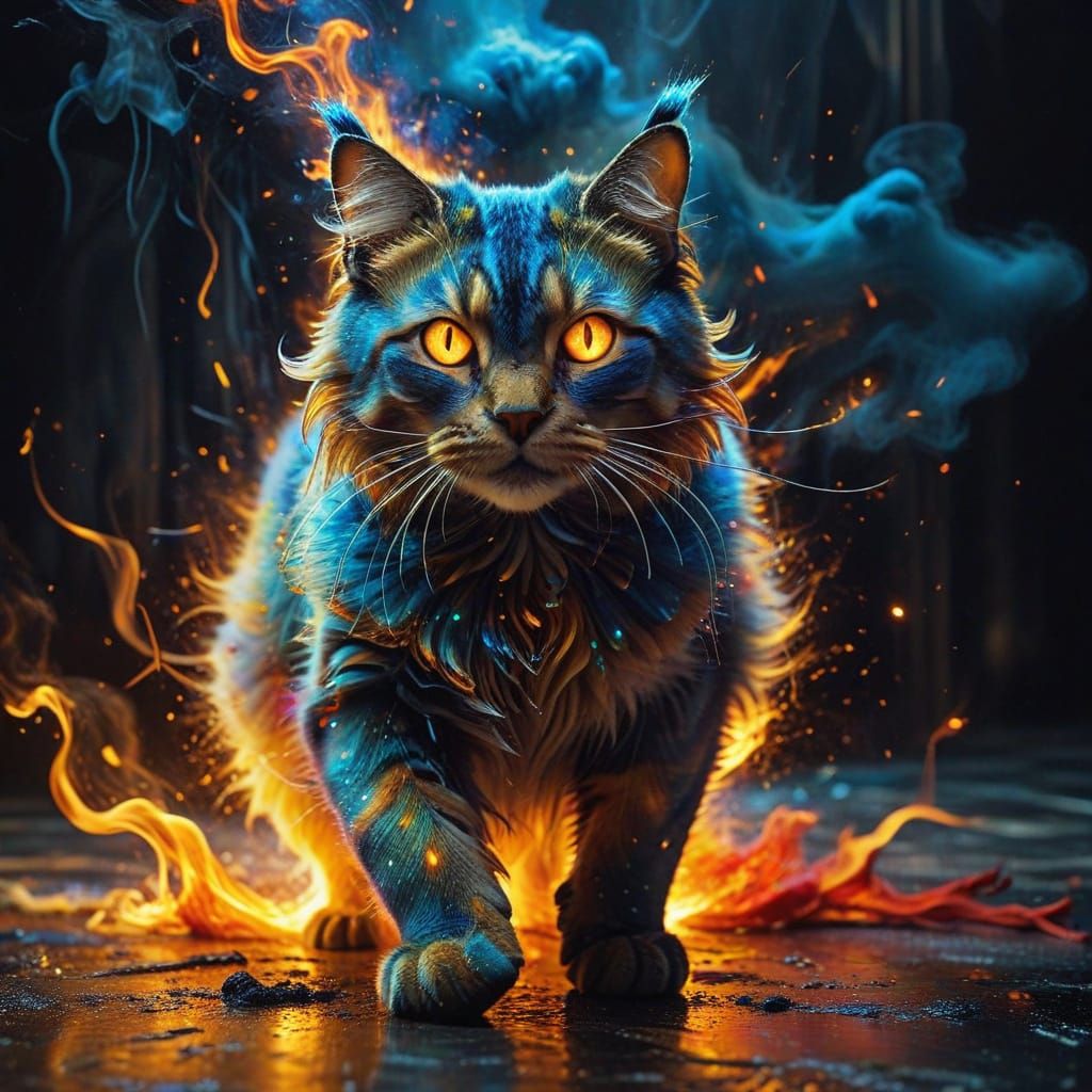 Vibrant Cat Runs on Fiery Runway with Swirling Flames