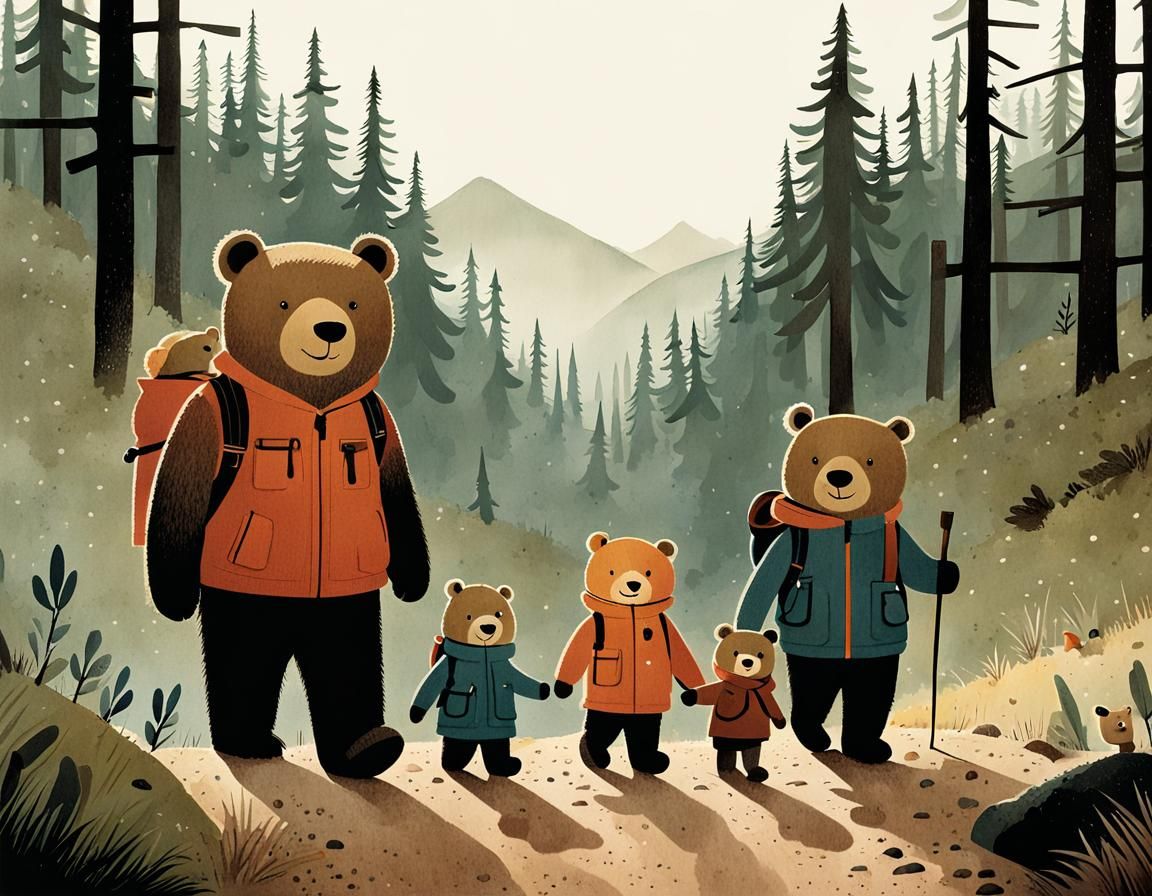 Teddy Bear Family Hike, Storybook Illustration