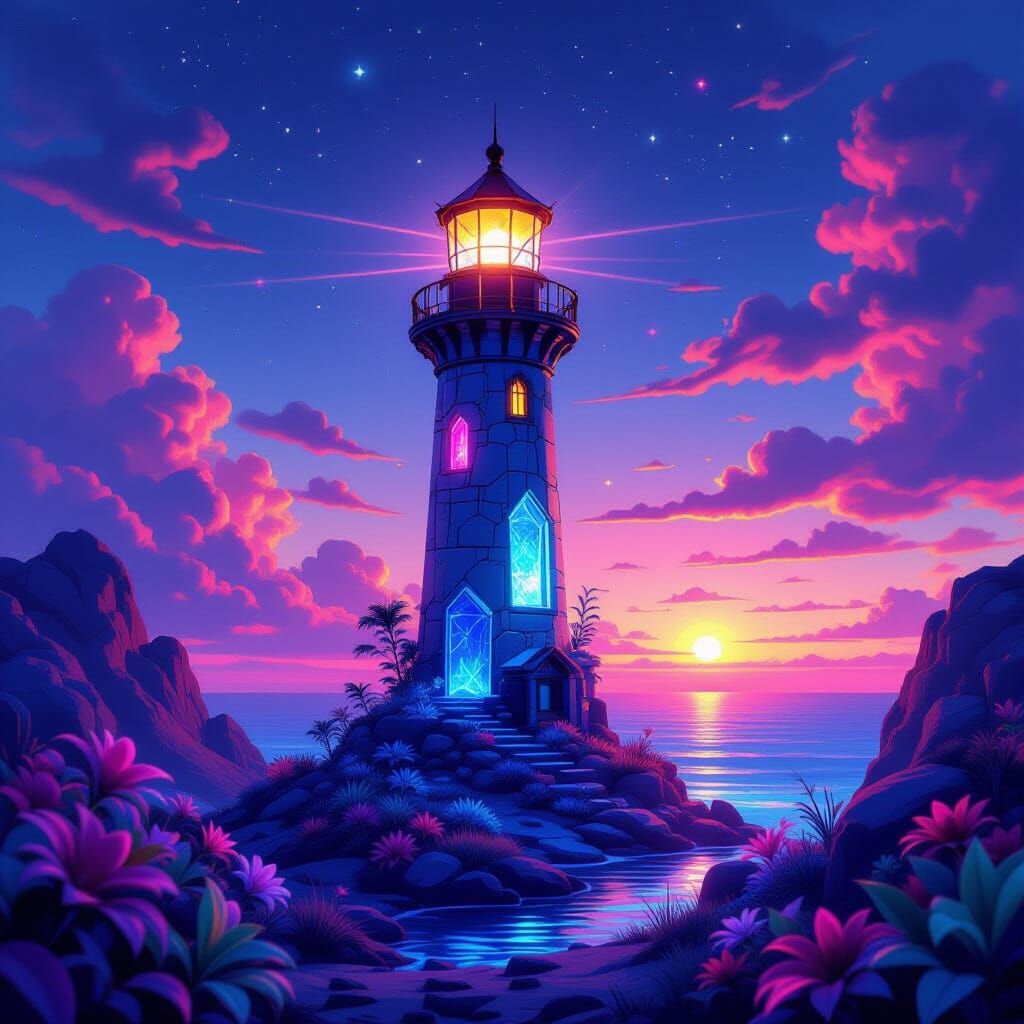 Bioluminescent Lighthouse on Alien World: Surreal Matte Pain...
