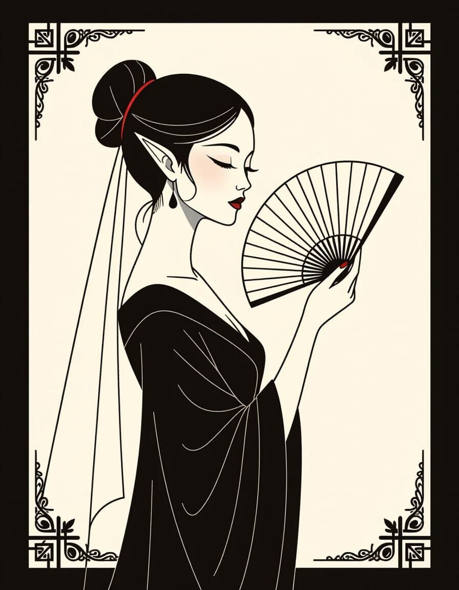 Elegant Lady with Pointy Ears in Minimalist Ink Style