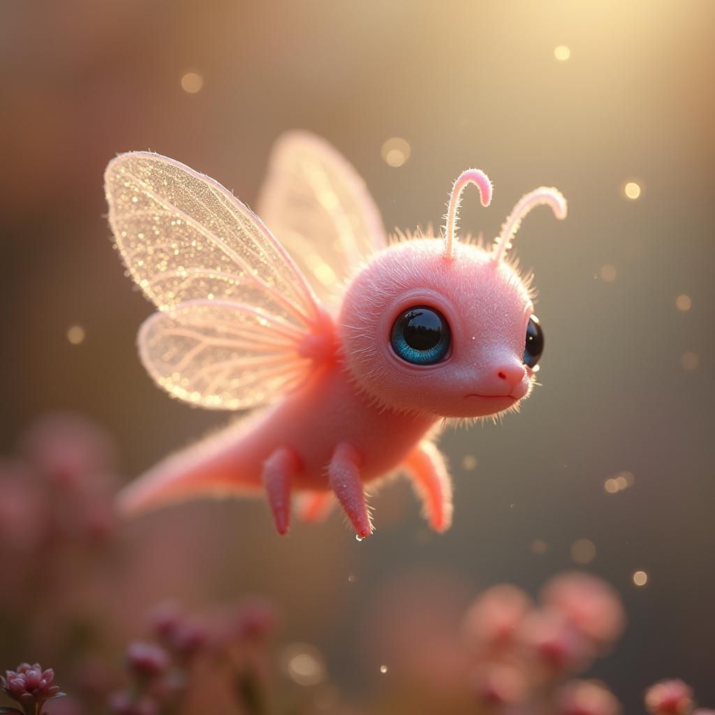 Pink Larval Creature with Blue Eyes in Dreamy Mist