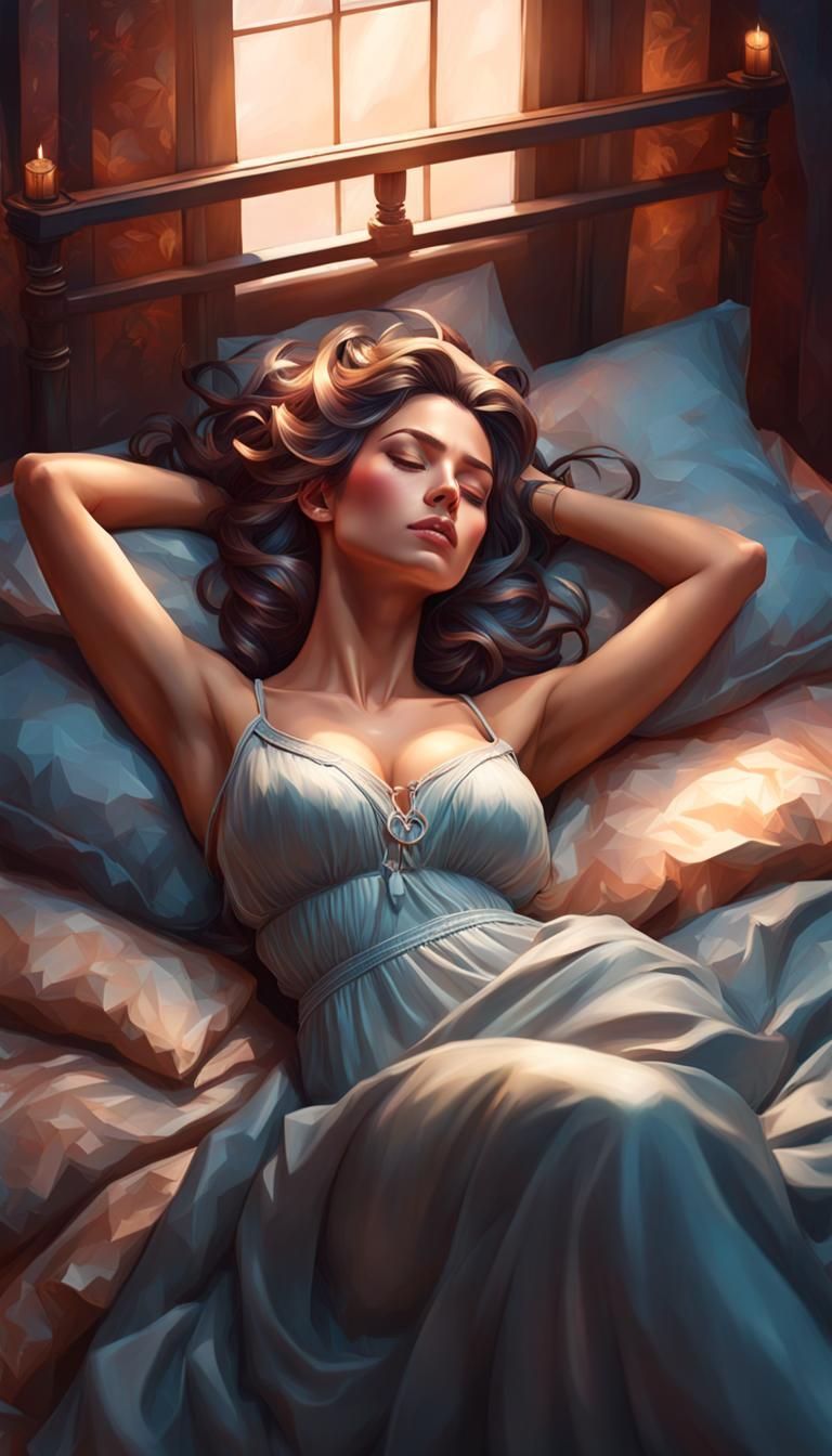Fullbody of Cozy sleeping girl on bed relaxed, bedroom background,  head and shoulders portrait, 8k resolution concept a...