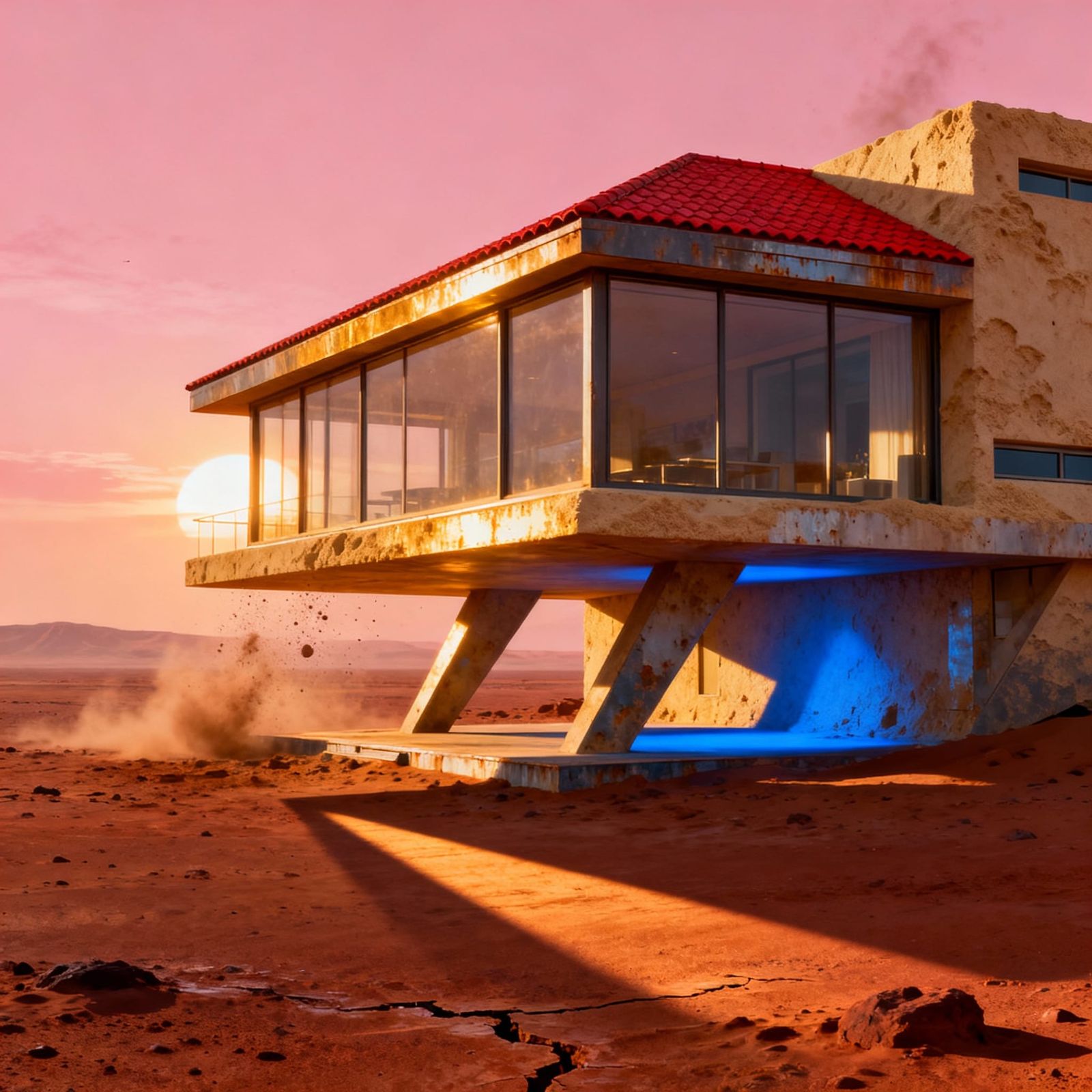 Futuristic Mars Beach House with Binary Sunset