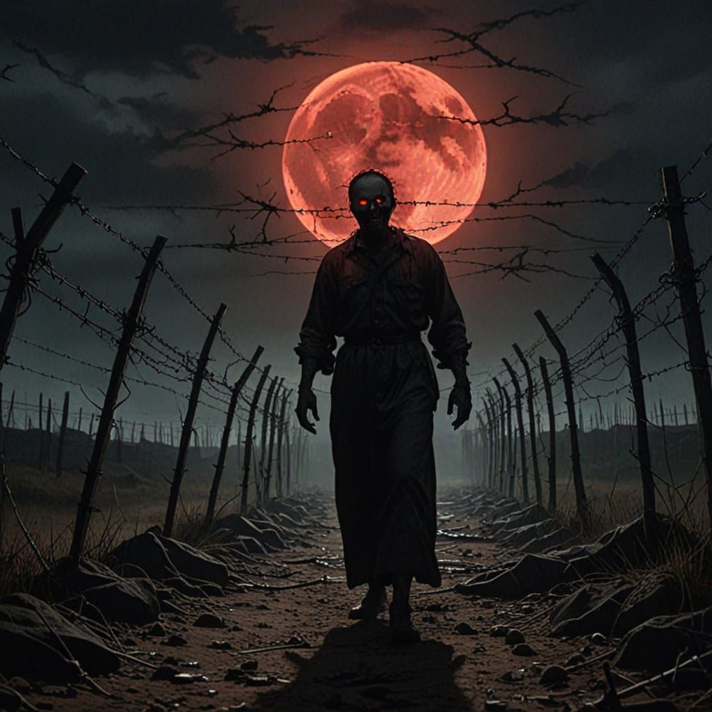 Ominous Presence in Death Camp as Oil Painting