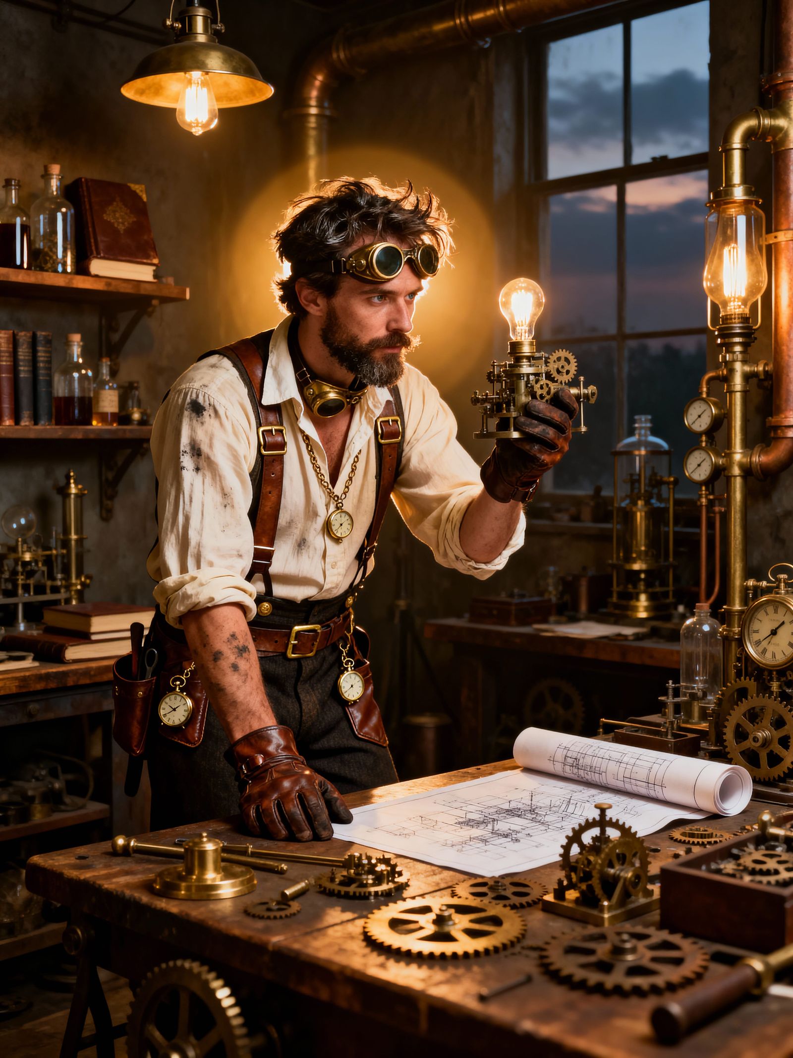 Steampunk Inventor with Brass Goggles and Leather Vest