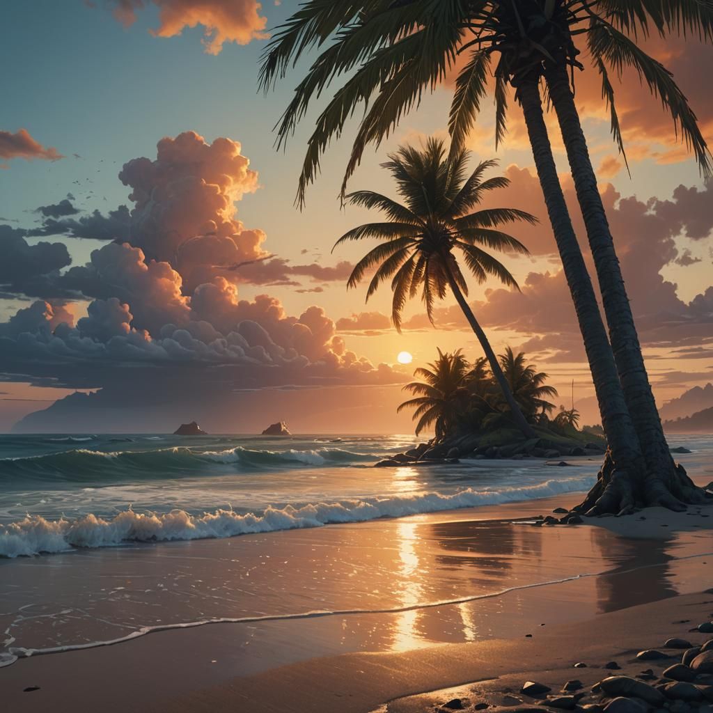 a realistic palm tree, having beautiful sunset enjoying in t...