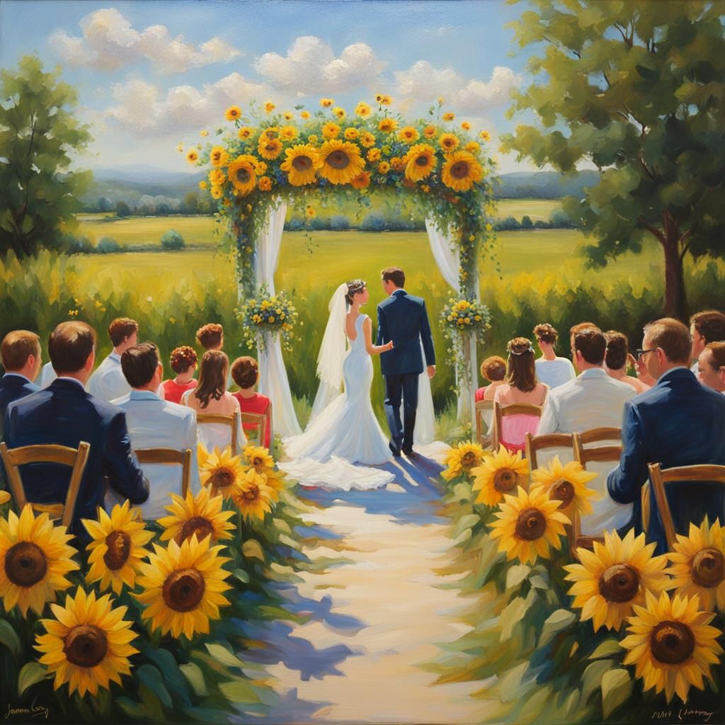 Spring Wedding Stage with Sunflowers: Oil Painting