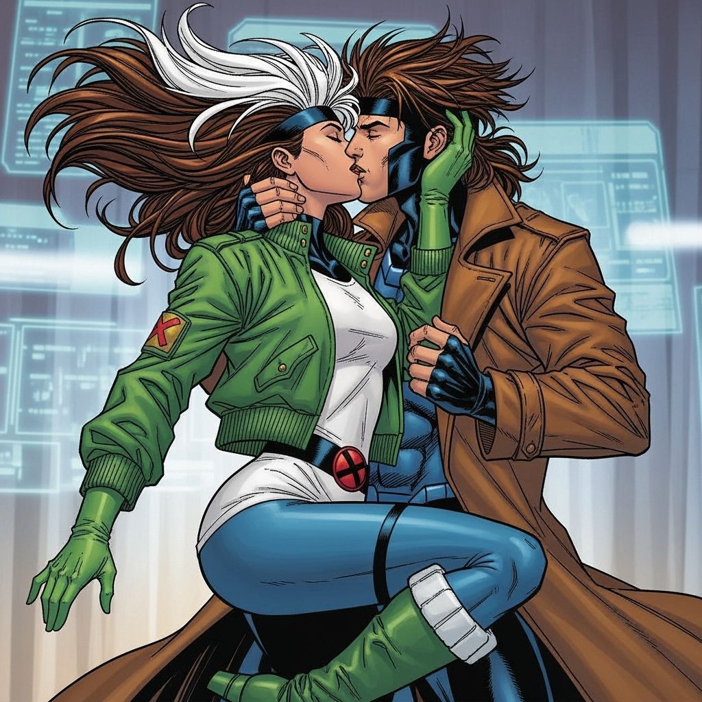Rogue and Gambit Kiss in X-Men Comic Style