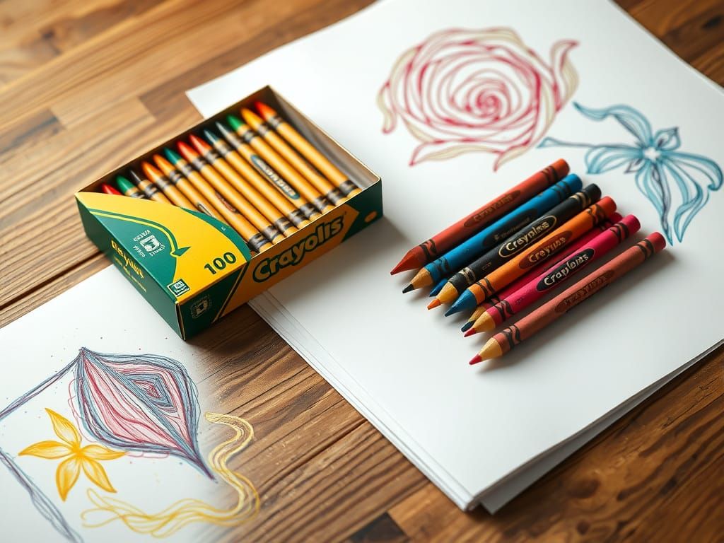 Photorealistic Crayons and Drawings on Wooden Table