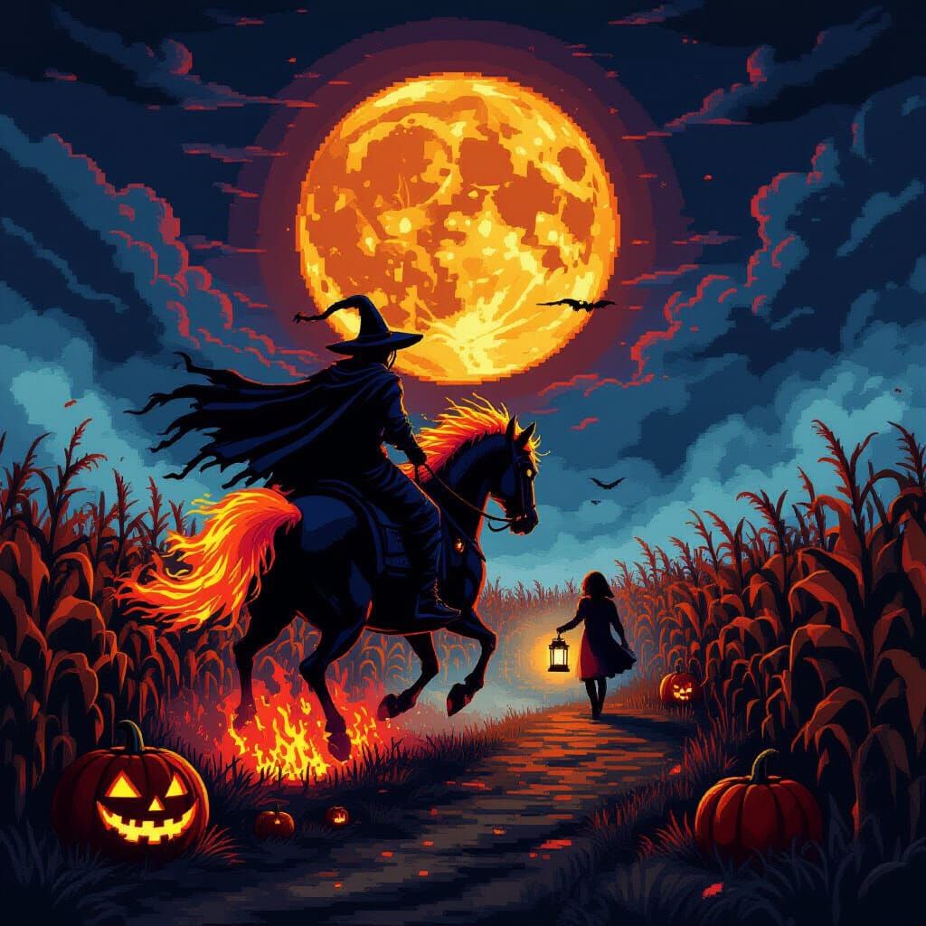 Headless Horseman Rides Flaming Nightmare in Pixel Art