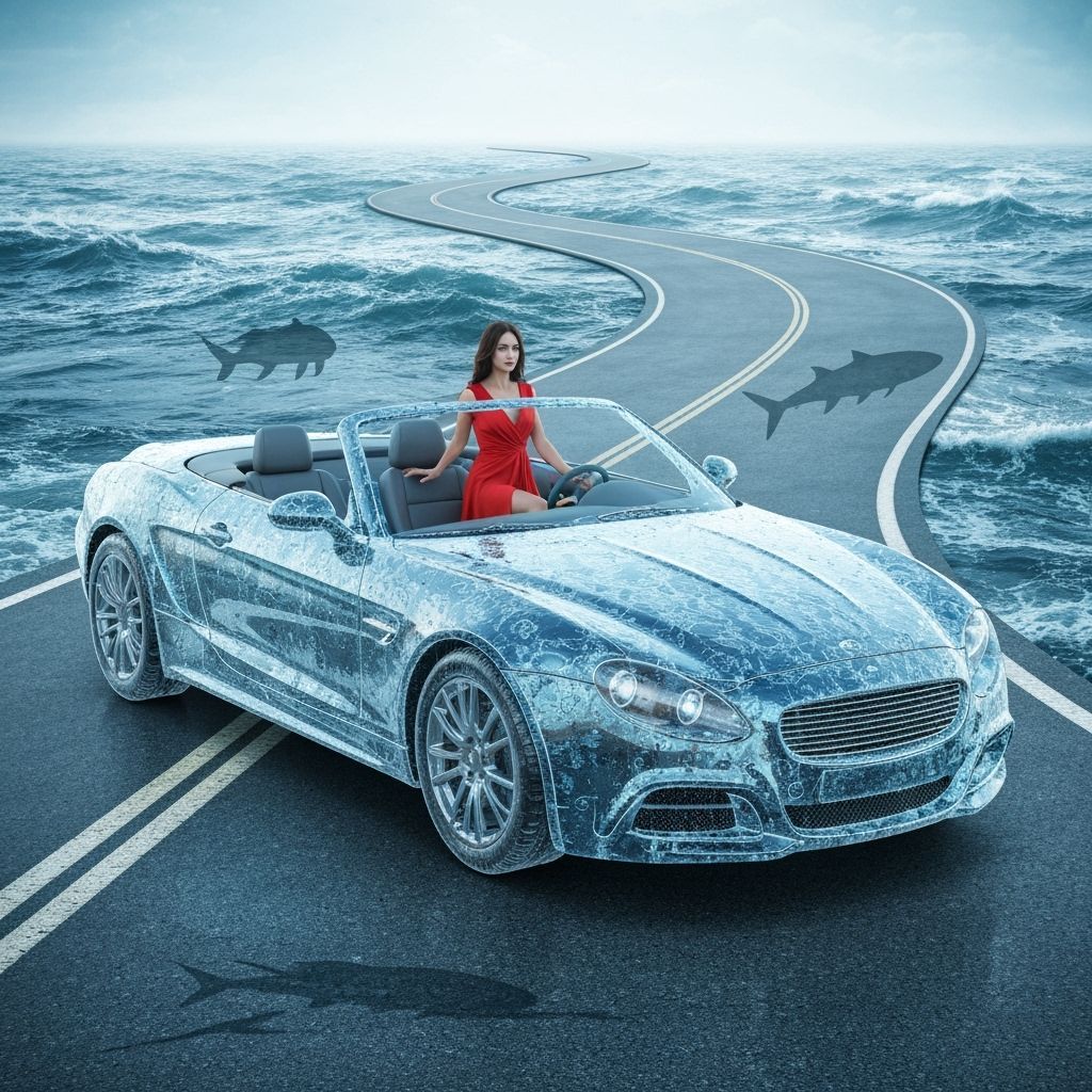 Seawater Car Drives on Liquid Road, Surreal 3D Art