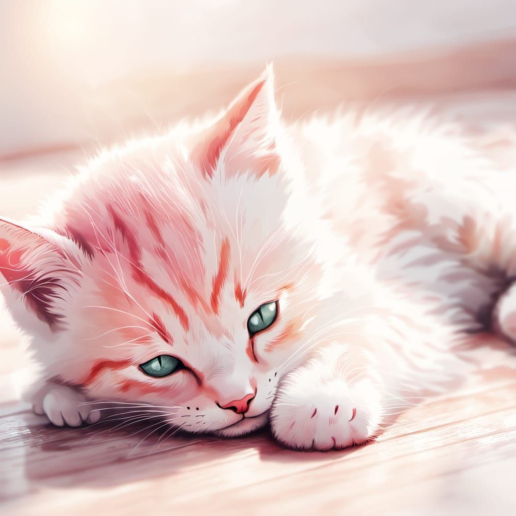 Sweet Pink Kitten Napping: Watercolor Illustration