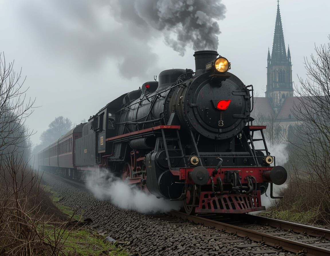 Decaying Train in Gothic Horror Landscape