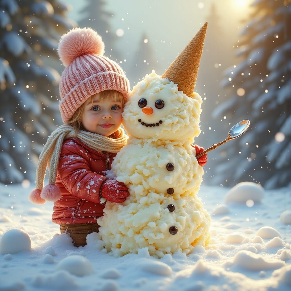 Ice Cream Snowman with Child in Snowy Landscape