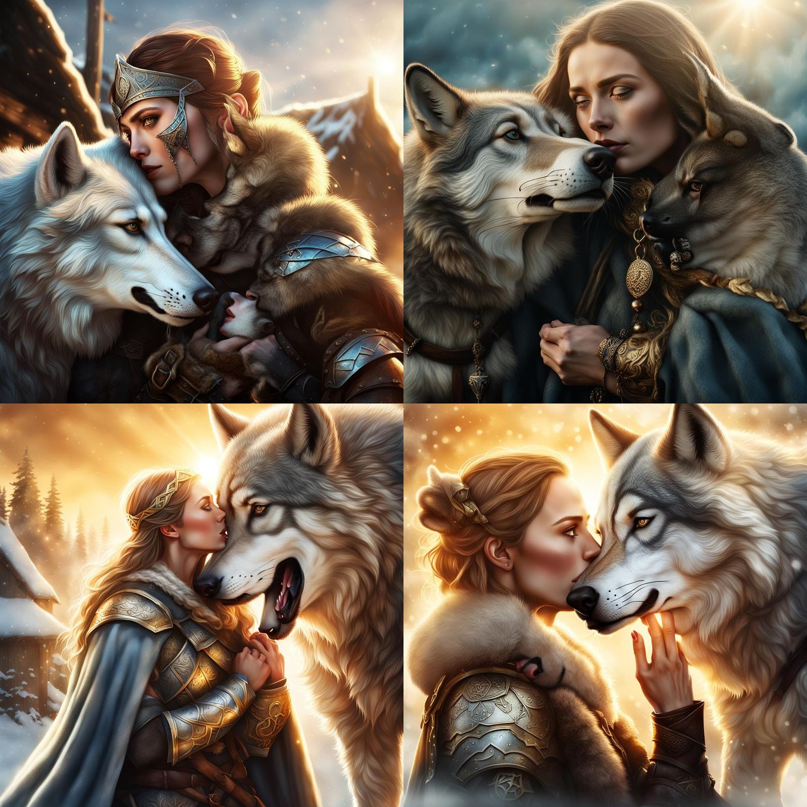 Germanic Woman Kisses Wolf in Longhouse