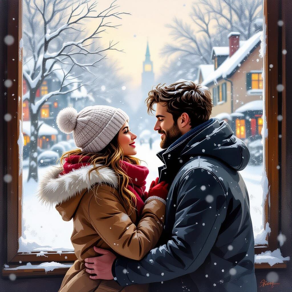 Winter Romance: Couple Gazes at Snowfall in Dreamy Style