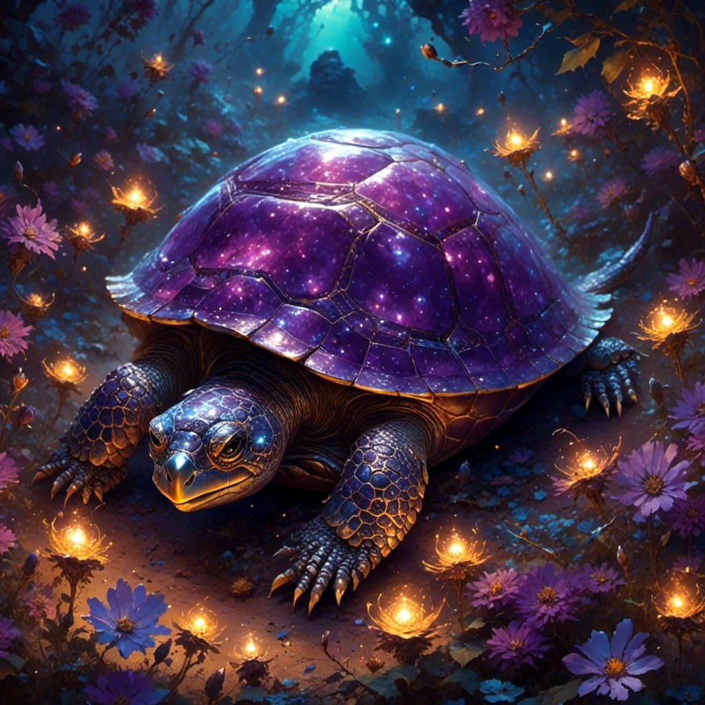 Purple Turtle with Baby Cats in Fantasy Style