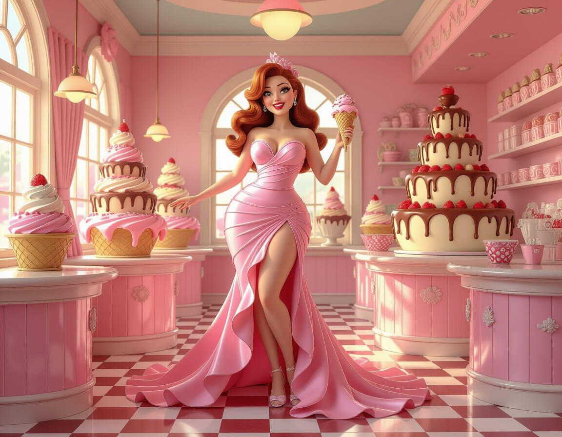 Voluptuous Ice Cream Maiden in a Dreamy Parlor