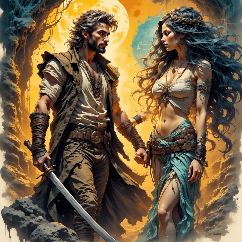 Heroic Man and Mystical Woman in Pulp Art Style