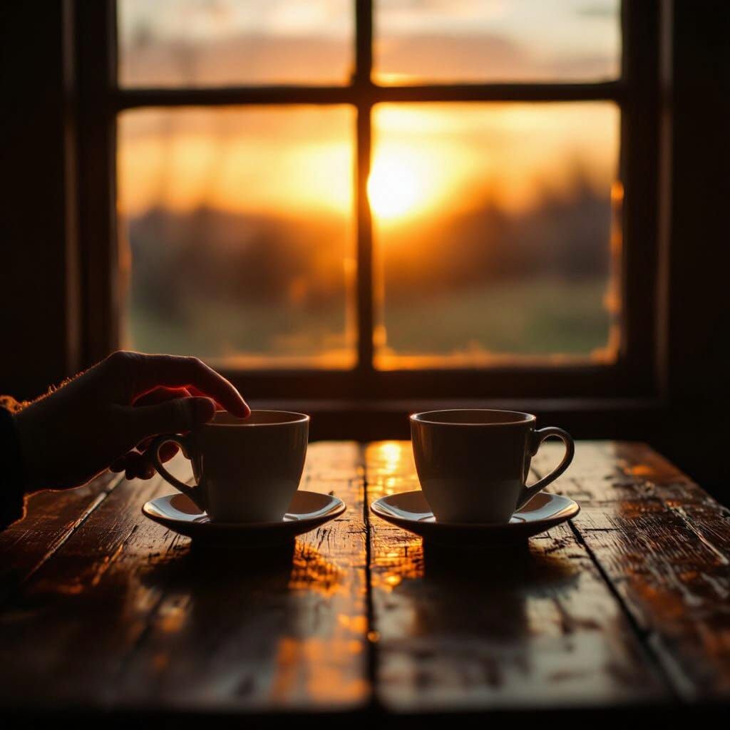 Emotional Sunset Scene with Empty Cups, Cinematic Style