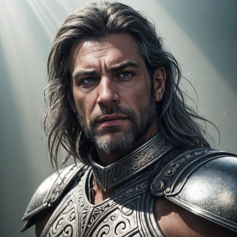 Armored Silver Haired Warrior Flexing Muscles