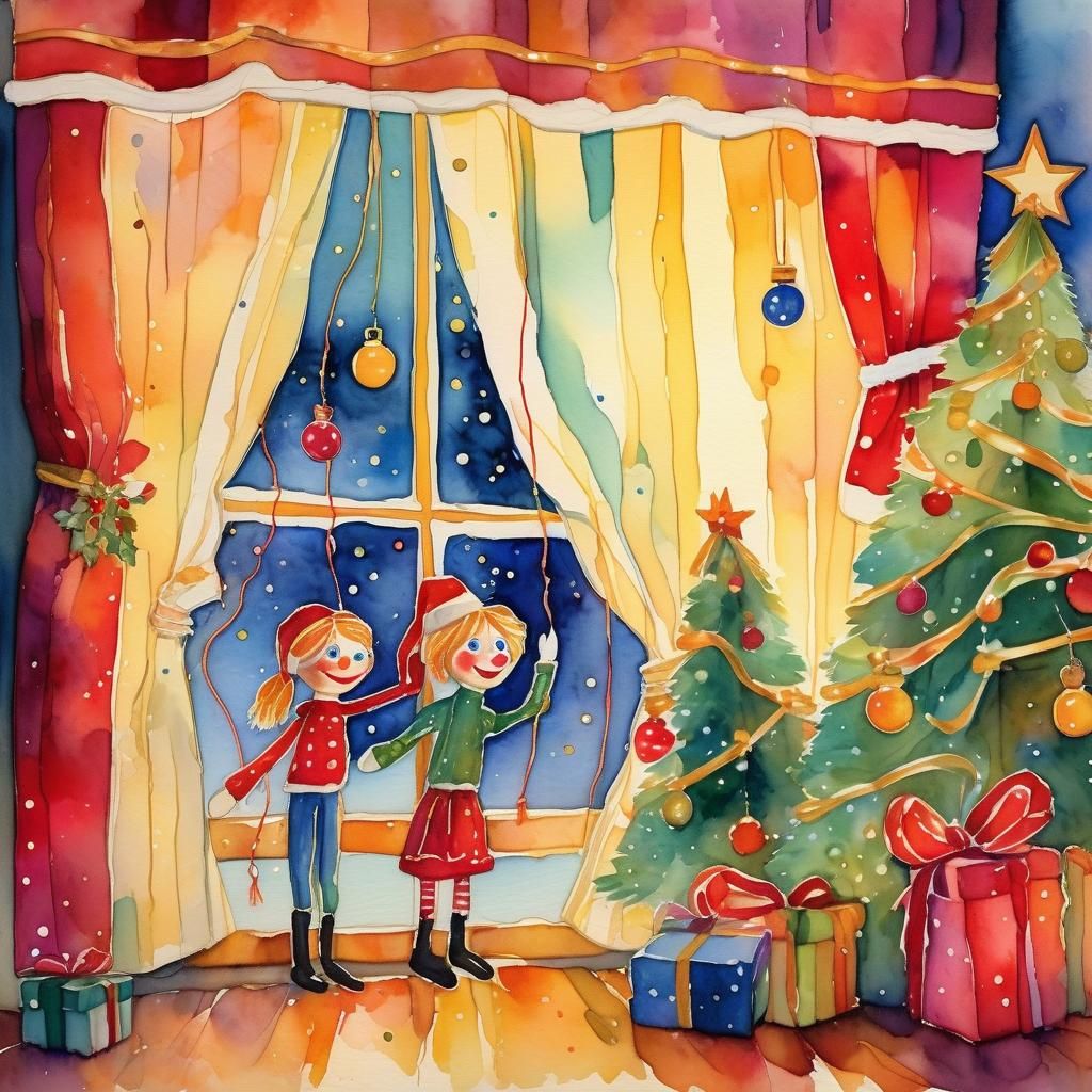 Festive Puppet Show Watercolor Painting with Christmas Theme