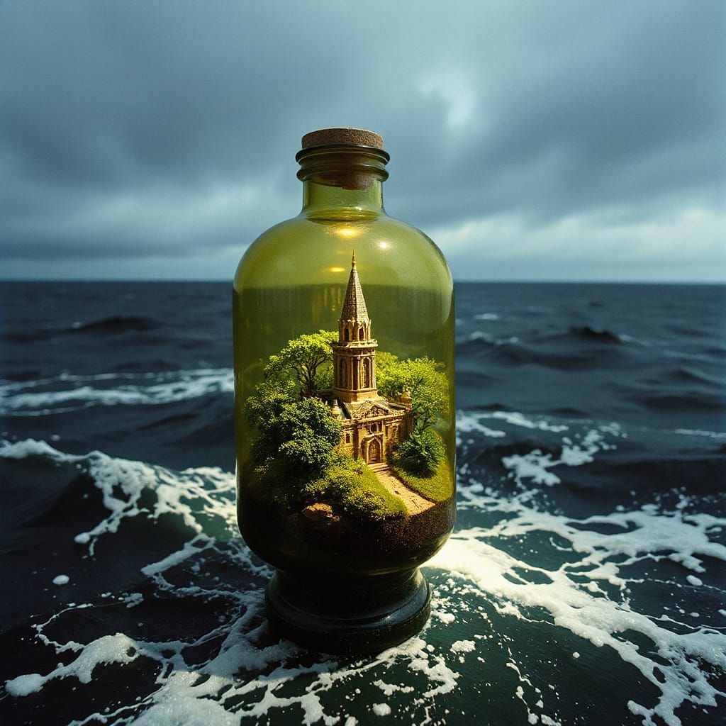 Miniature World in a Bottle on Stormy Sea