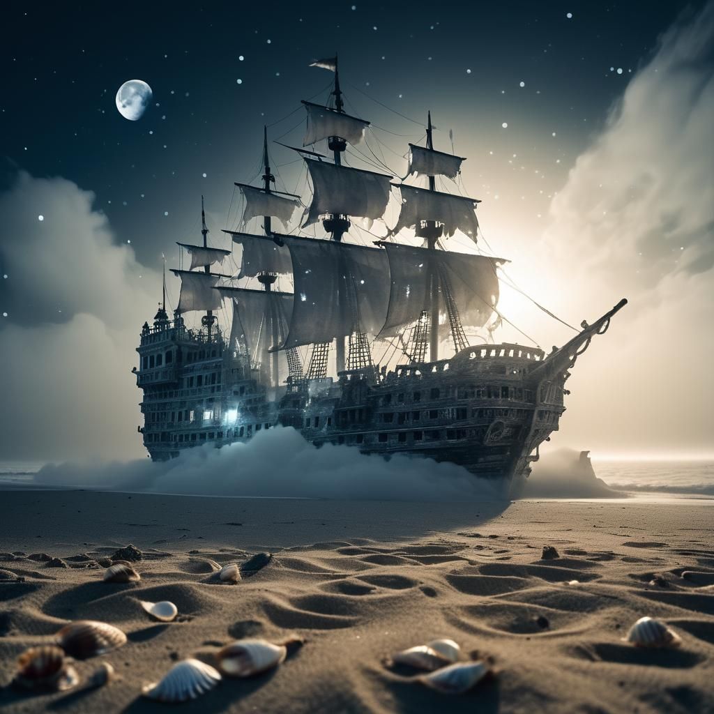 Ethereal Pirate Ship and Sandcastle Double Exposure