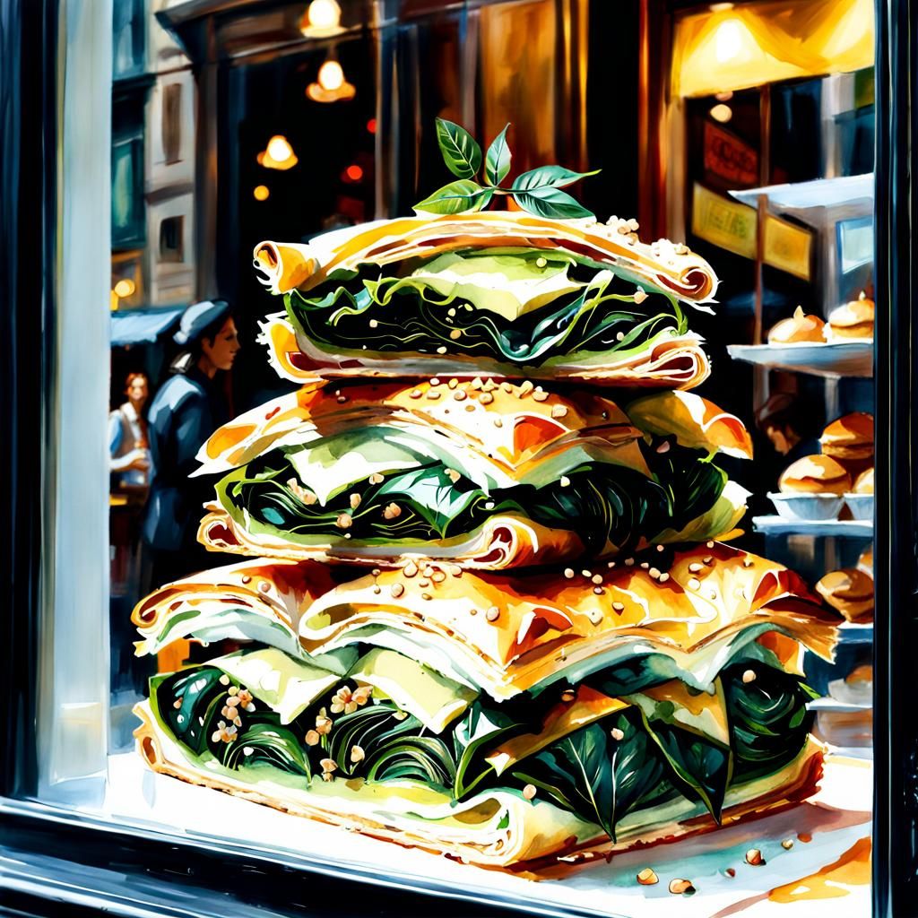 Spanakopita in Pastry Shop Window, Watercolor Illustration