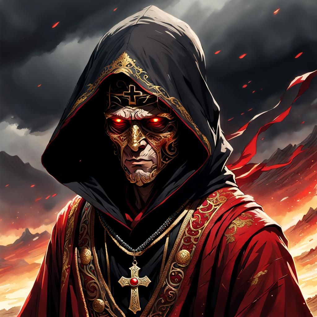 Weary Monk in Torn Robes with Glowing Sword