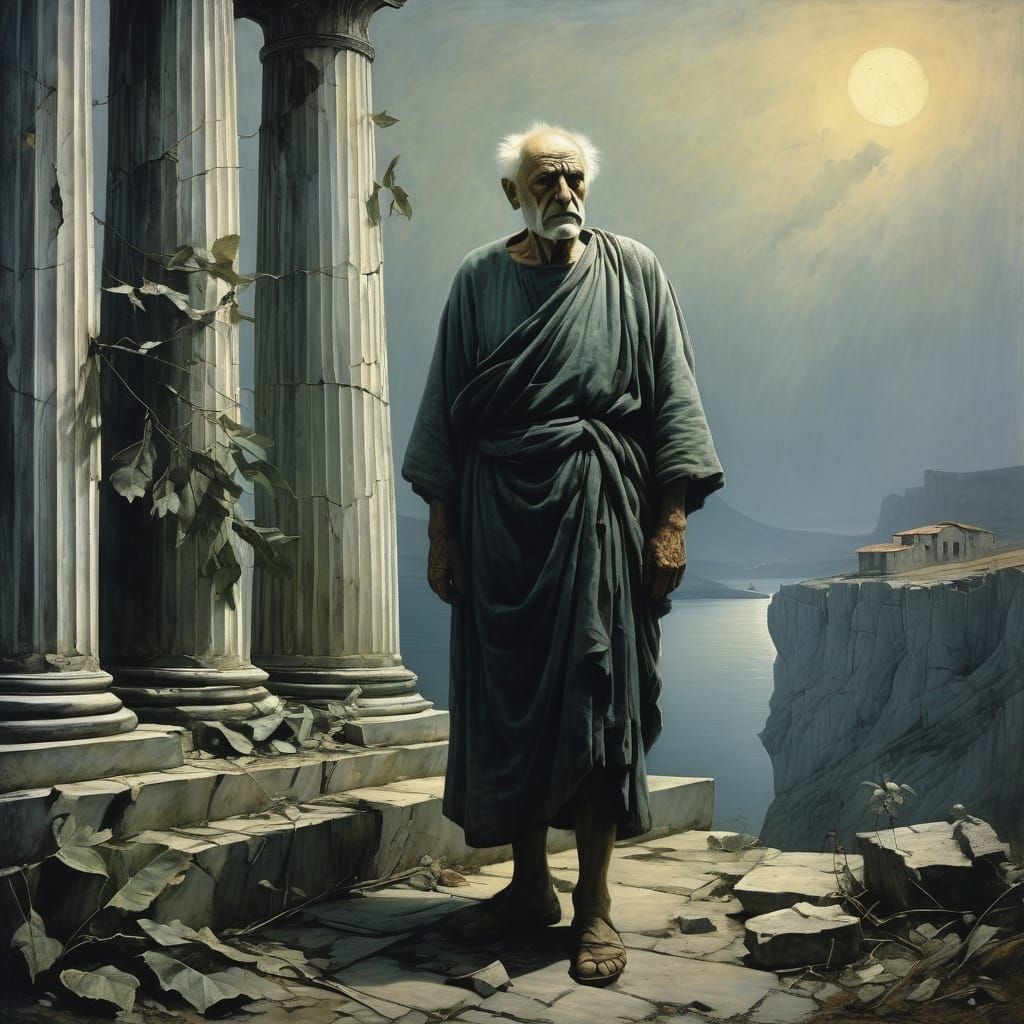 A Woman's Desperate Gaze on a Ruined Greece