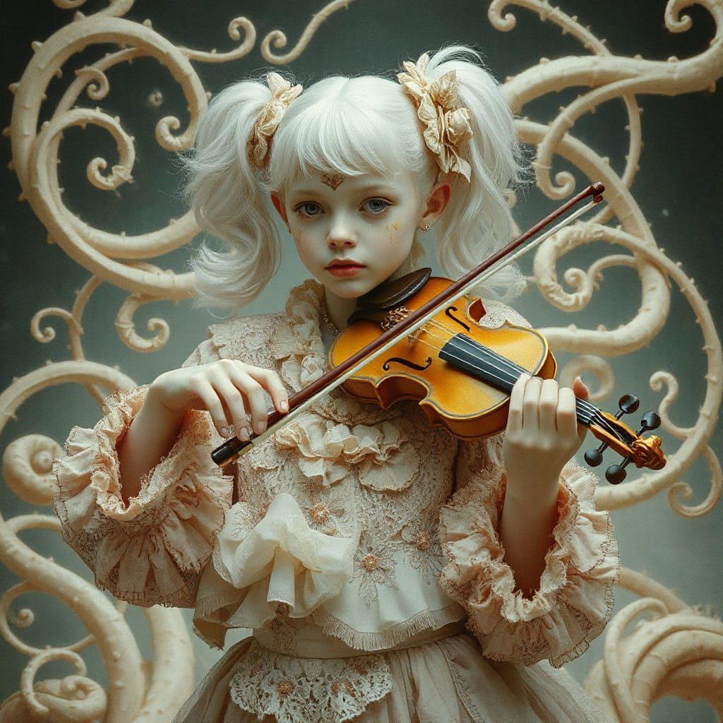Surreal Albino Violinist in Dreamlike Setting, 8K