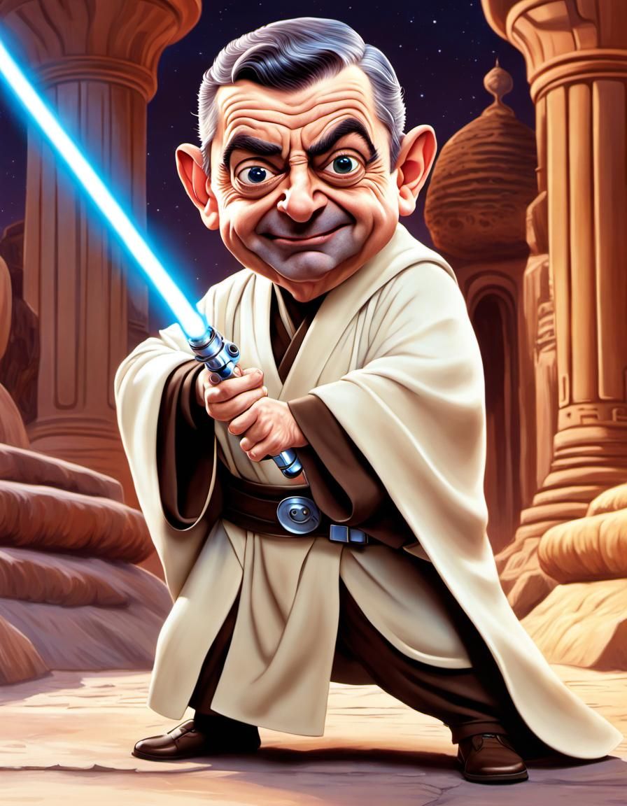 Comical Mr. Bean as Jedi Knight Caricature