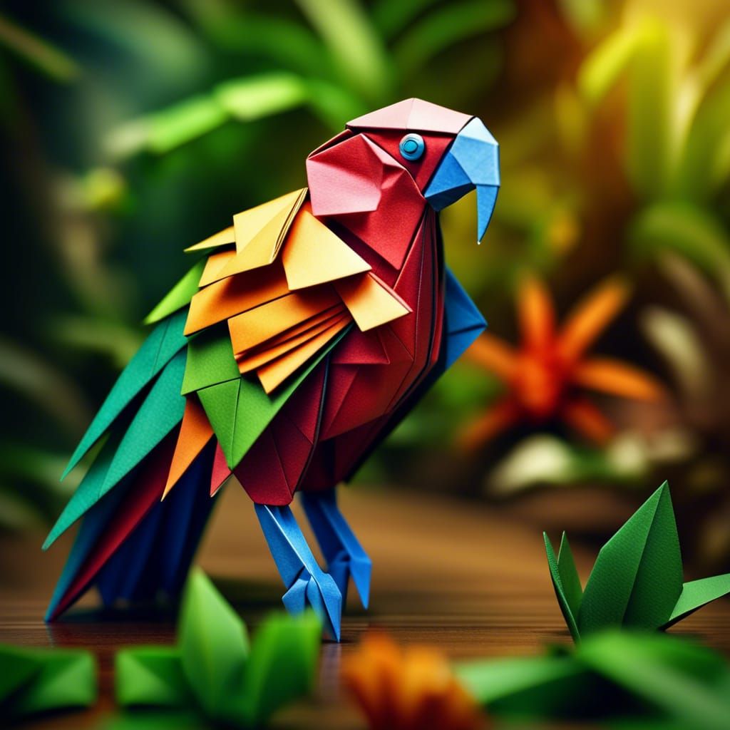Colorful Origami Parrot in a Jungle Scene