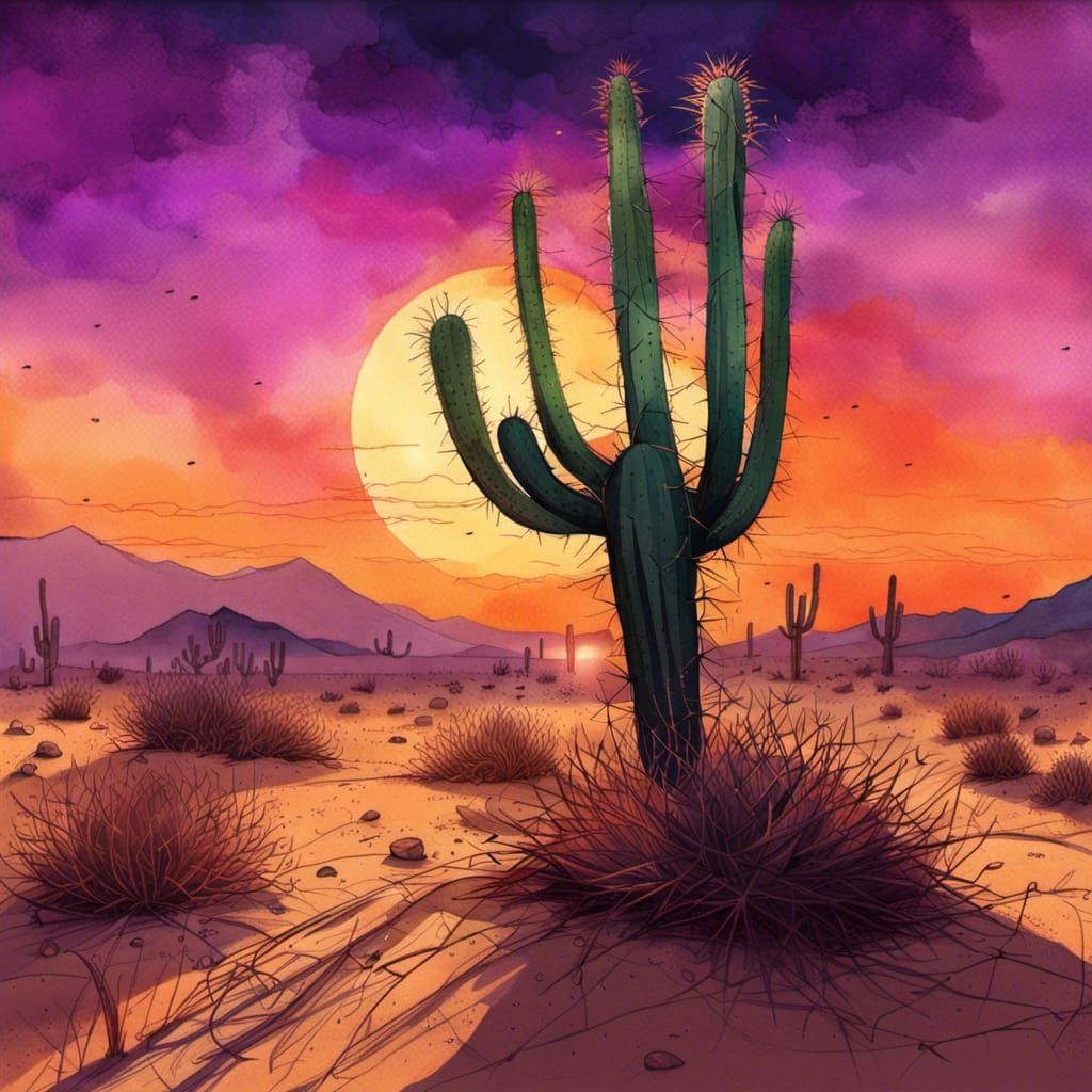 Desert Sunset Watercolor with Cactus and Tumbleweed