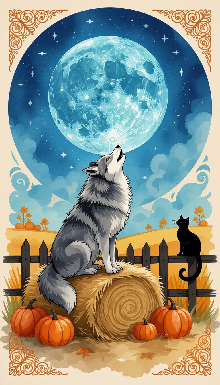 🐺🎃Vintage Wolf Howls at Harvest Moon.🎃🐺