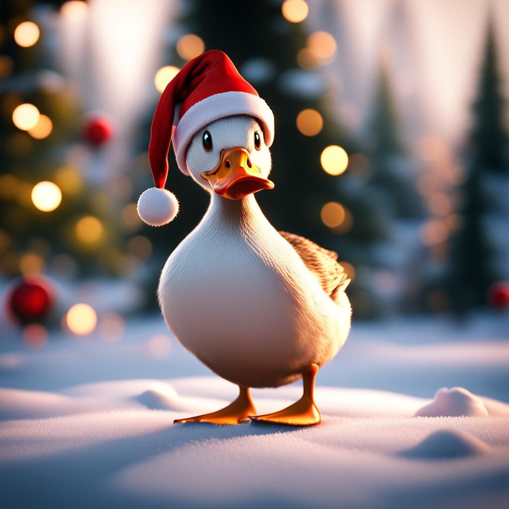 Duck Wearing a Christmas Hat in 3D Style