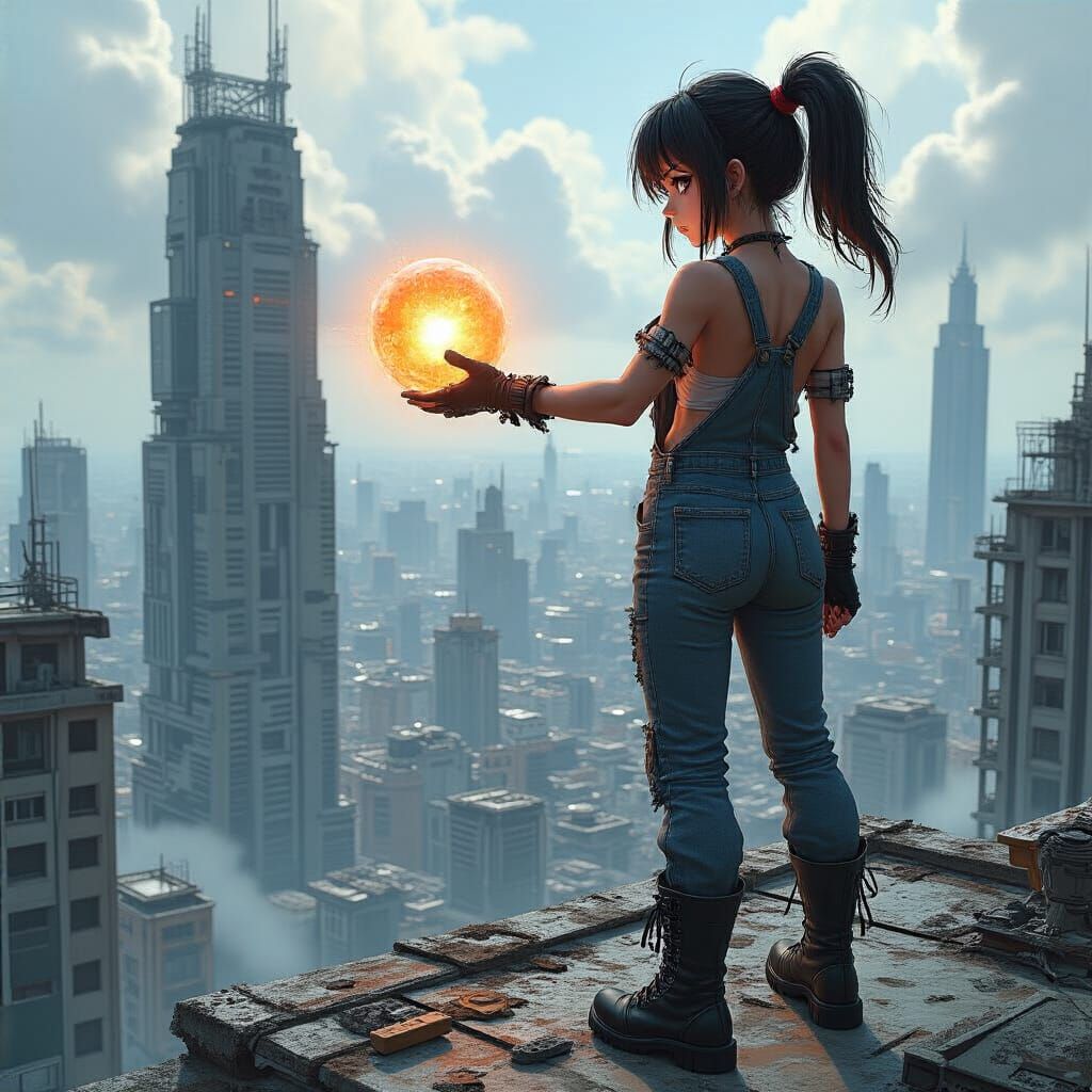 Sci-Fi Anime Woman With Energy Ball Overlooking Megacity