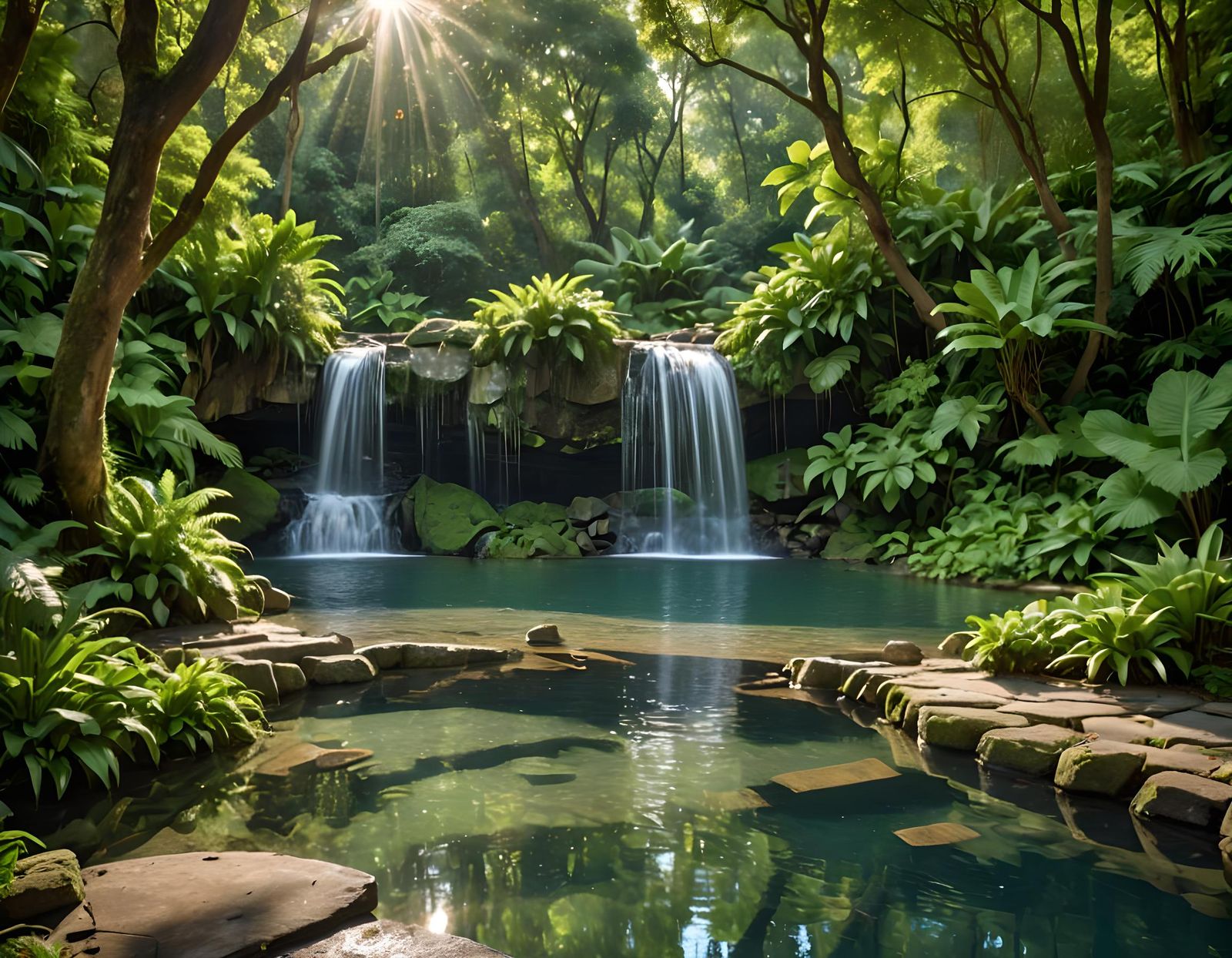 Serene Waterfall Scene with Lush Greenery