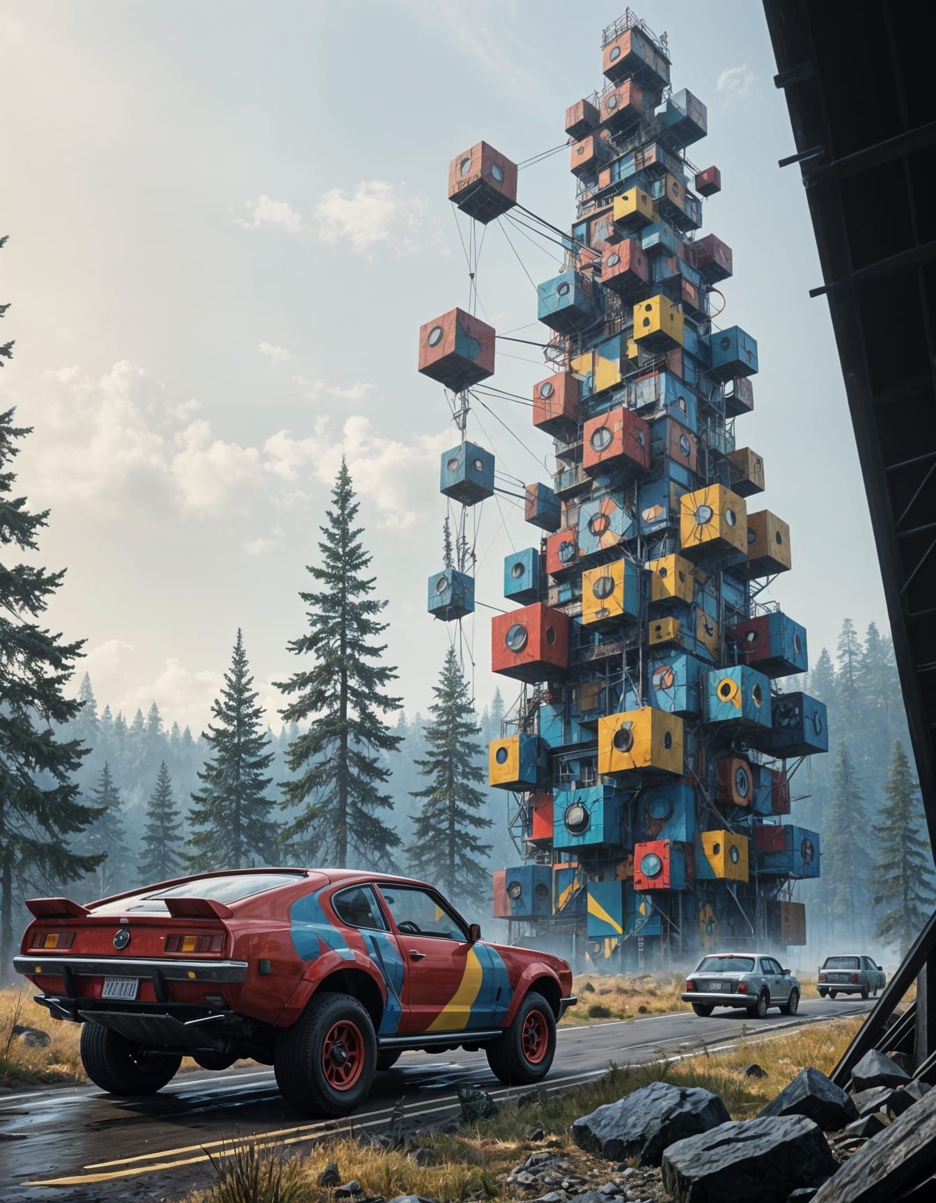 Vibrant, kaleidoscopic red, yellow, and blue hues in mesmerizing cubistic patterns on a 4K canvas evoke 20th-century pio...