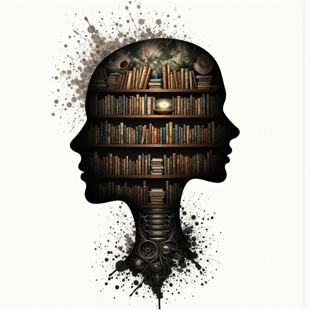 Surreal Bookshelf Portrait with Double Exposure, Ink and Wat...