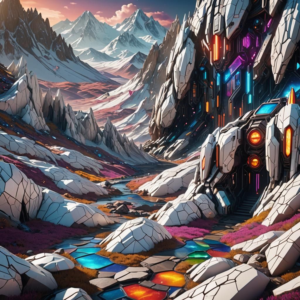 Sci-Fi Stained Glass Mountains in Neon Glow