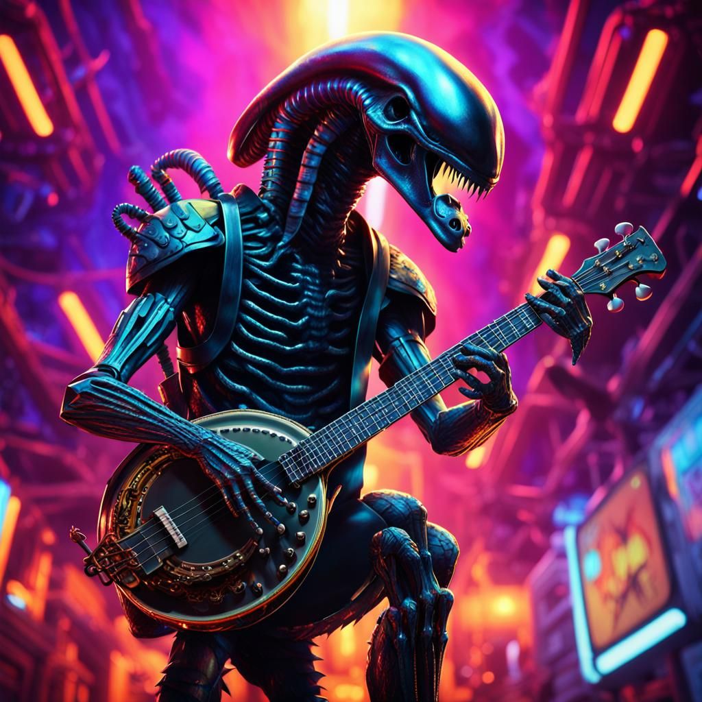 Xenomorph with Banjo in Futuristic Digital Art