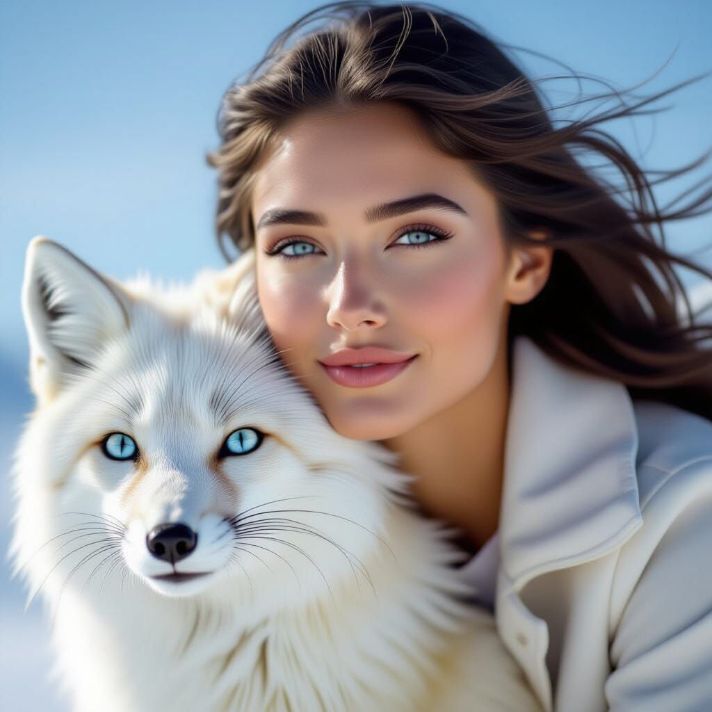 Woman Rides White Fox Under Blue Skies